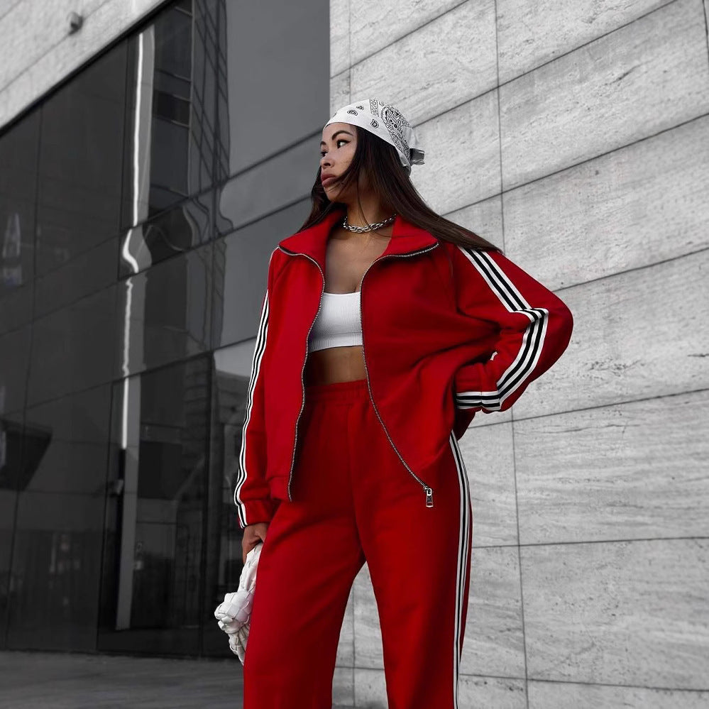 Women's Casual Hooded Jacket Loose Color-block Striped Pants Two-piece Set