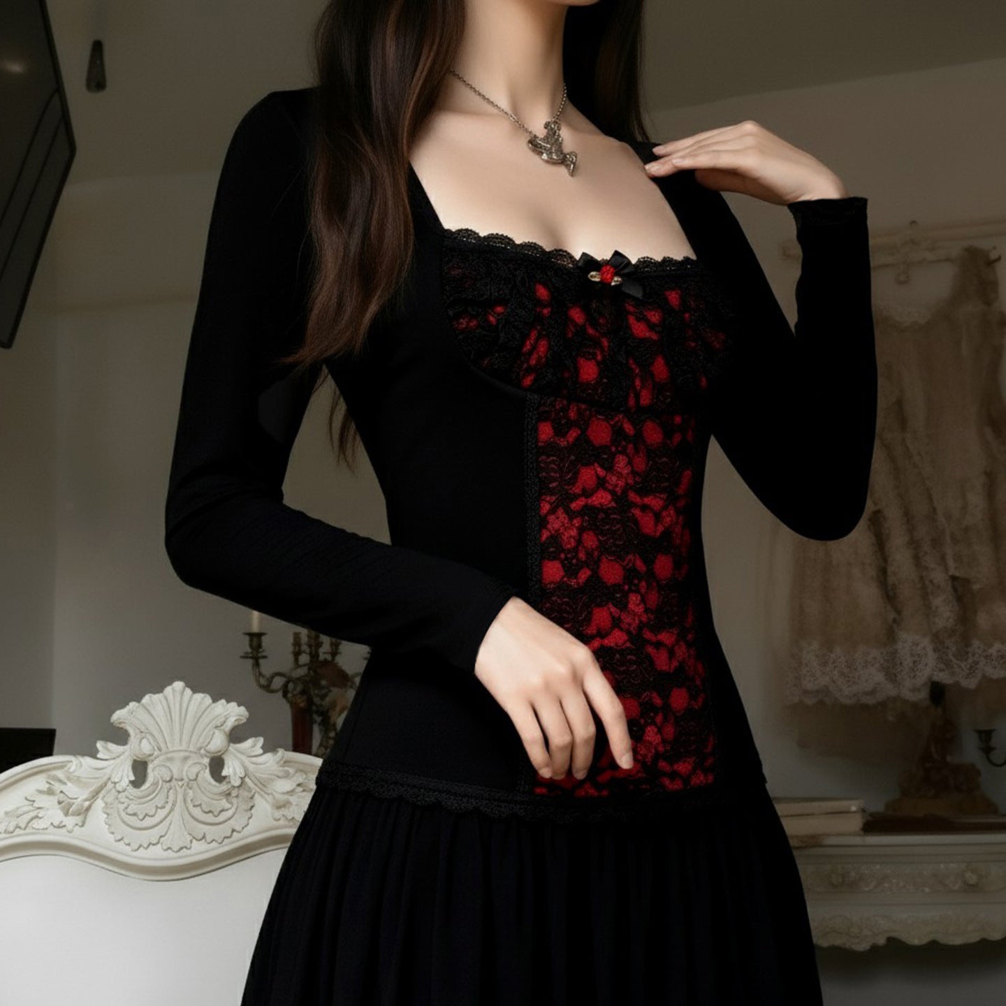 Lace-embellished Long-sleeve Blouse With Ruffled Trim
