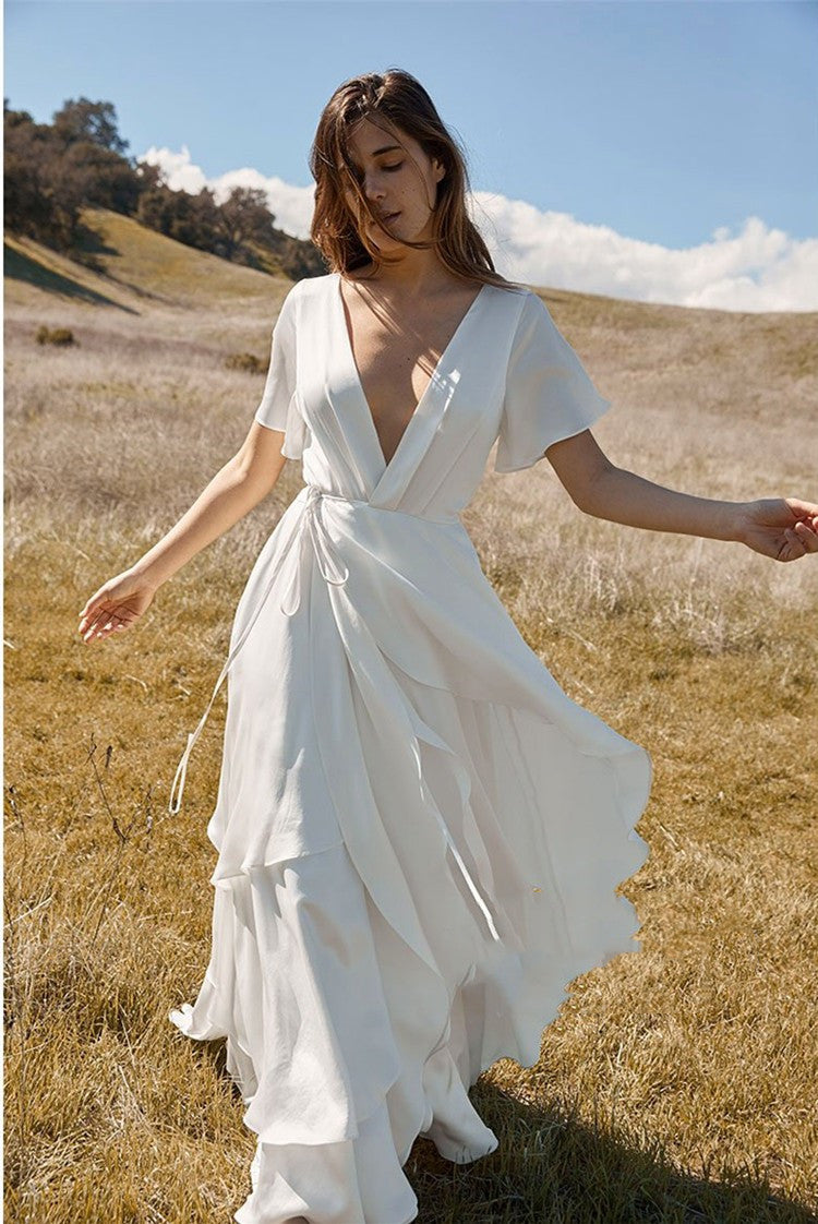 Short Sleeve Floor-Length V-Neck Patchwork Plain White Dress