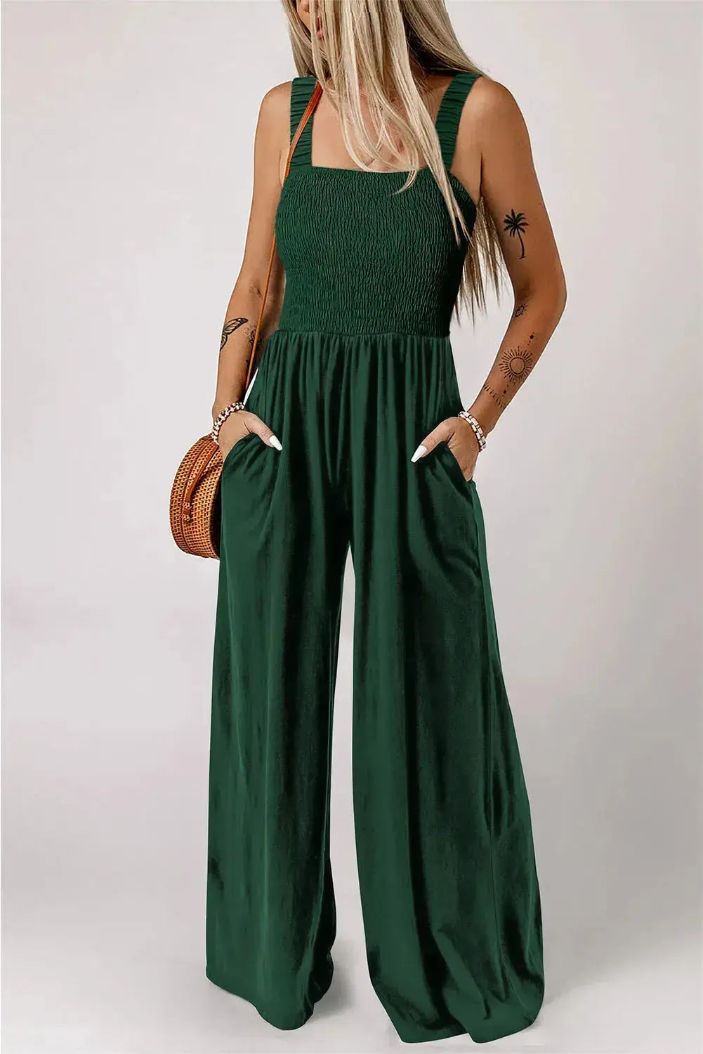 Smocked Square Neck Wide Leg Jumpsuit Women UK