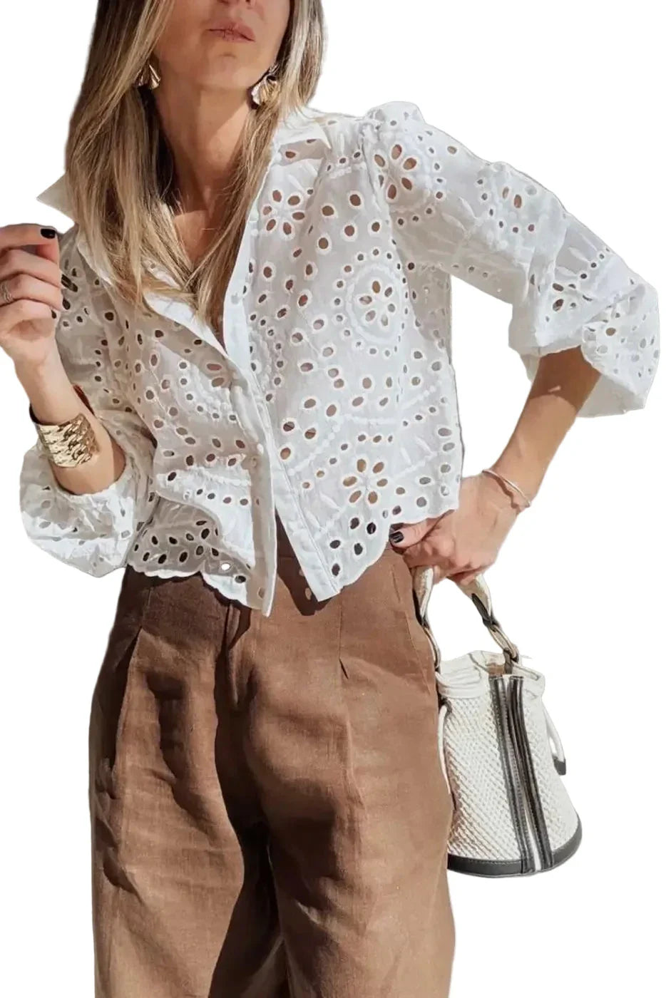 Women's White Cutwork Embroidered Puff Sleeve Crop Top