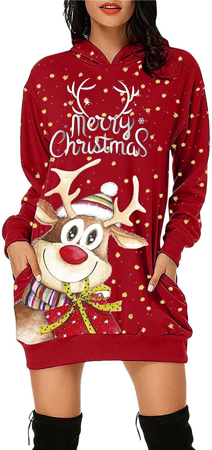 Women's Long-sleeved Sweater Dress Autumn New Christmas Print Hooded Skirt