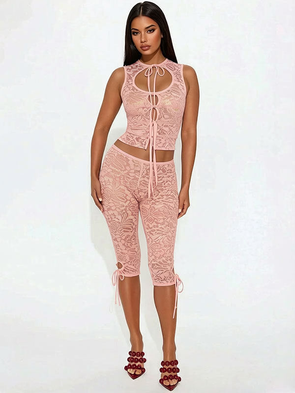 Lace-spliced Lace-up Backless Top And Shorts Set For Women