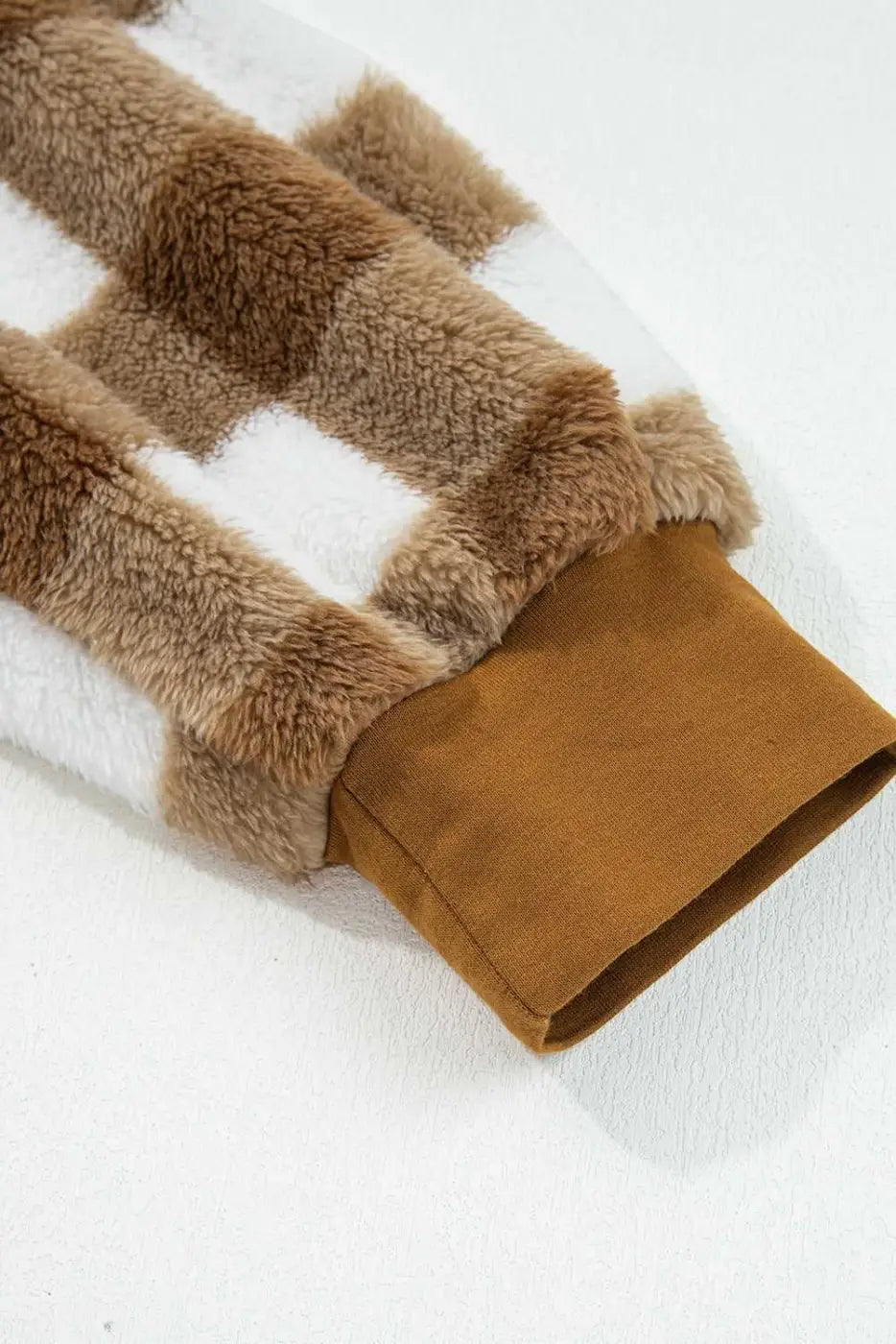 Brown Gingham Check Sherpa Cardigan V-Neck Button Down Banded Hem