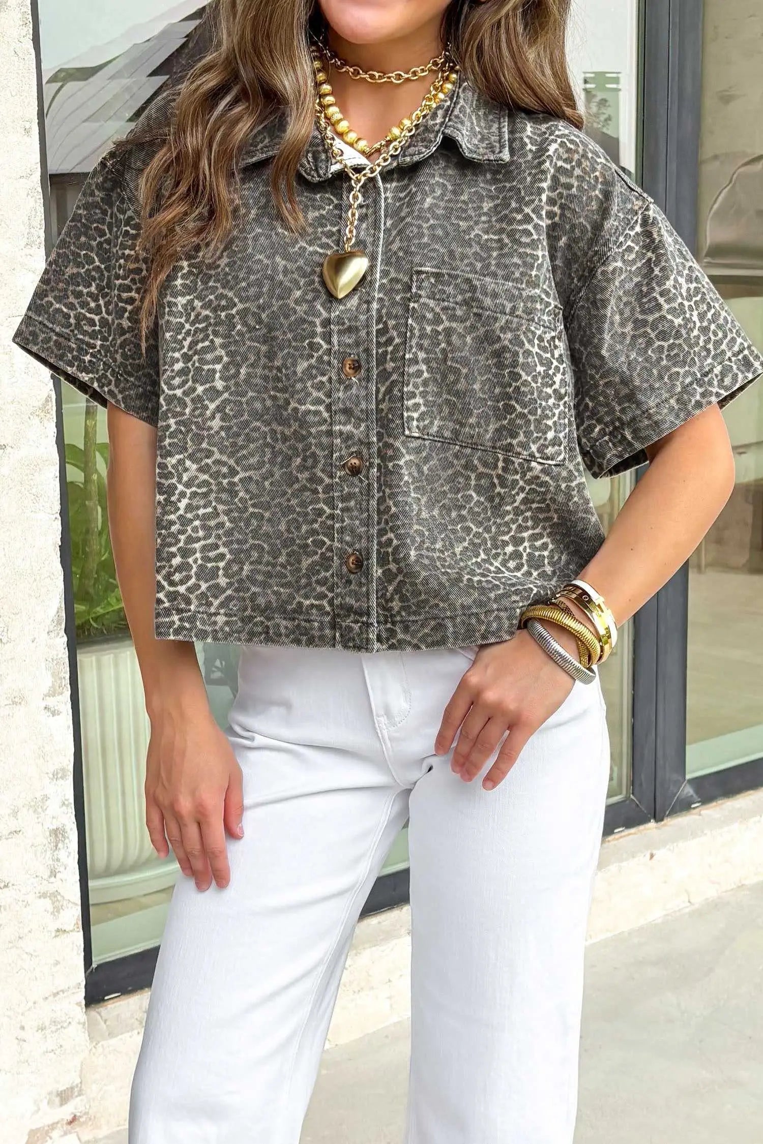 Gray Leopard Short Sleeve Denim Shirt Women UK