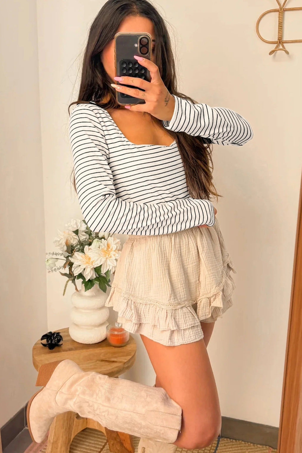 Women's Striped Slim-fit U-neck Long-sleeve Top