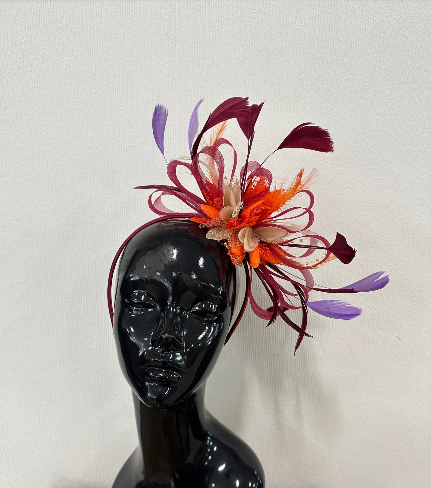 Bespoke Fascinator on Headband -  Burgundy Orange Purple Beige