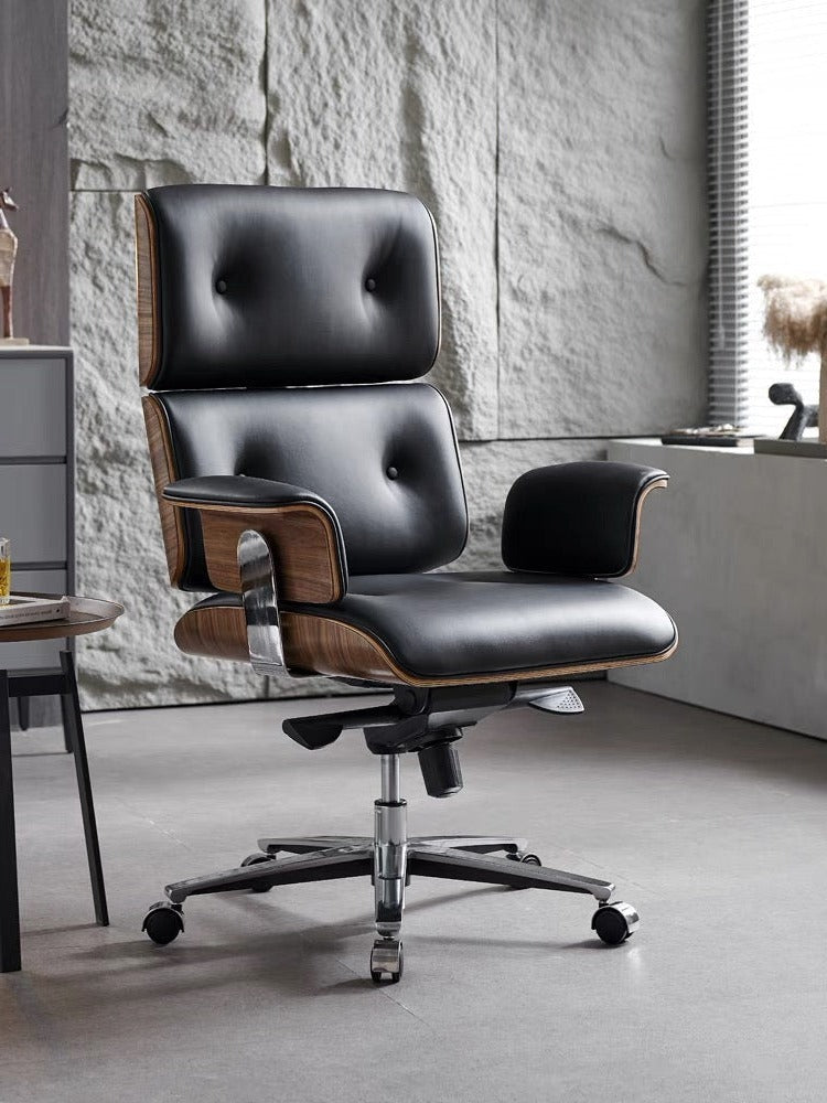 Modern E69 High Back Office Chair Black Premium Leather/ Walnut