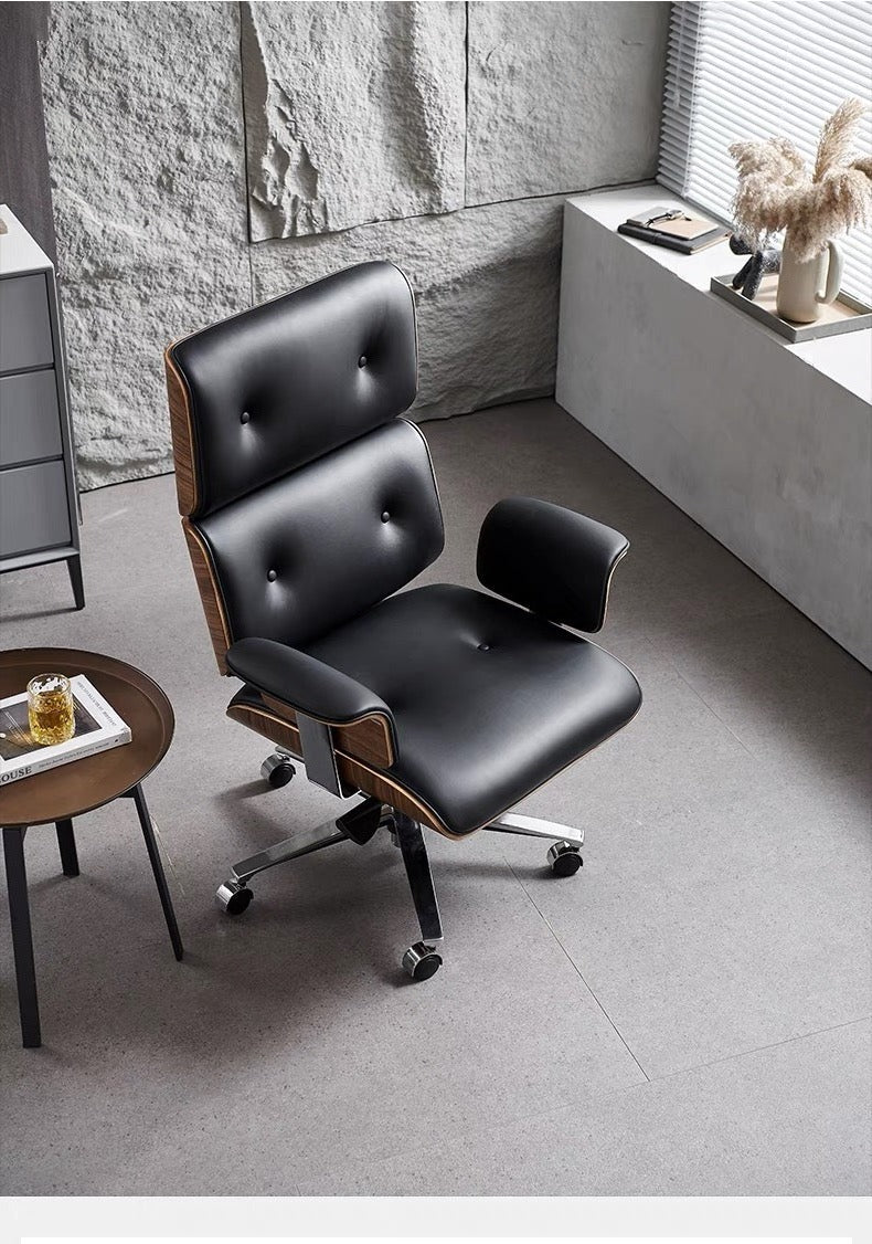 Modern E69 High Back Office Chair Black Premium Leather/ Walnut