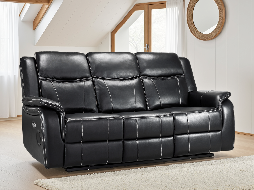 Galaxy Tech 3-Seater Electric Recliner: Black Leather, USB Charging, Cupholders