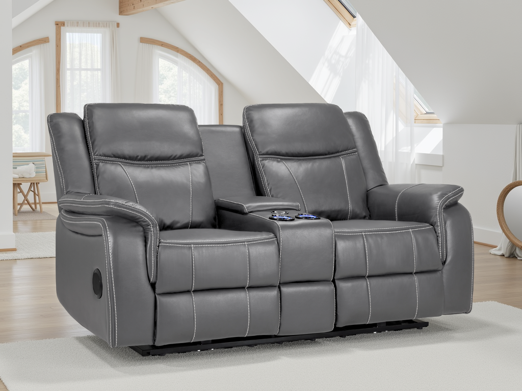 Luxurious Galaxy Tech Electric Recliner 2-Seater Grey Leather Sofa with USB