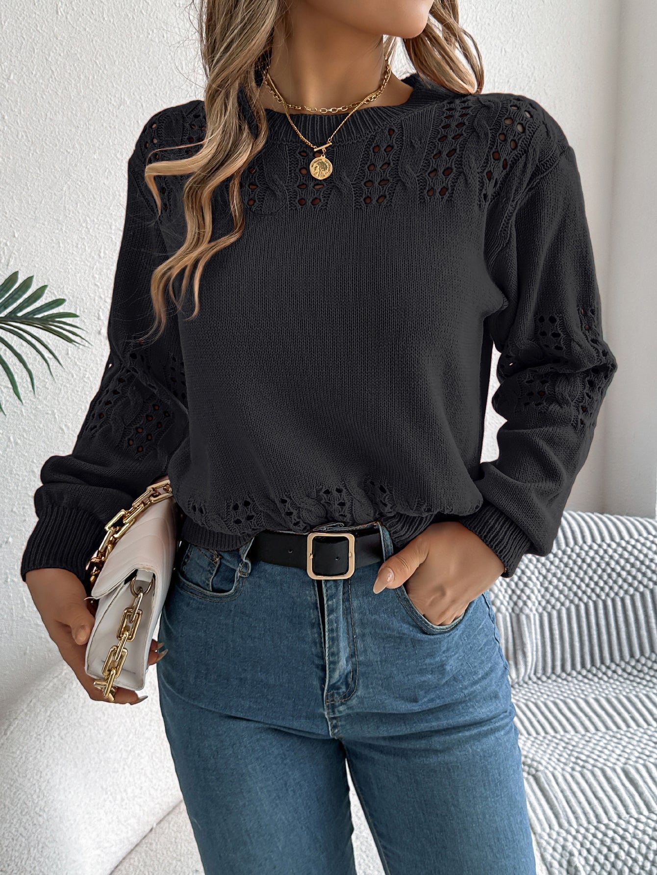 Women Casual Solid Color Hollow Out Lantern Sleeve Pullover Sweater