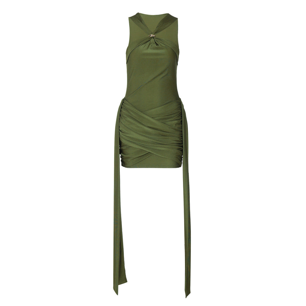 Women's Sleeveless Halter Neck Pleated Waist Slimming Dress