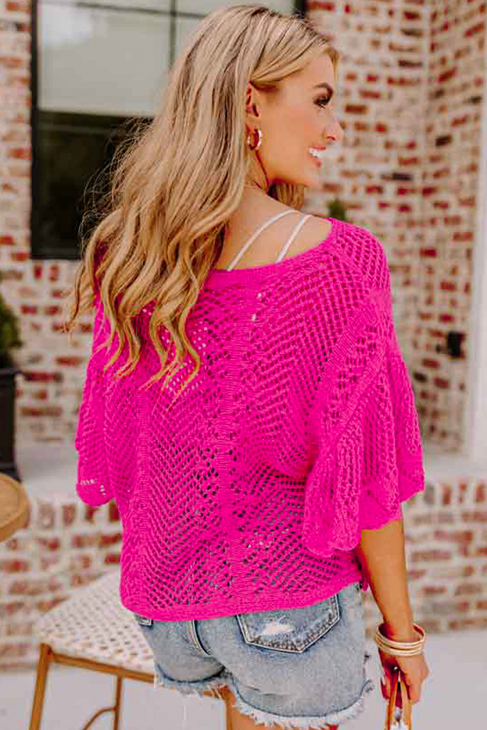 Pink Pointelle Knit Top Women UK | Scalloped Short Sleeve