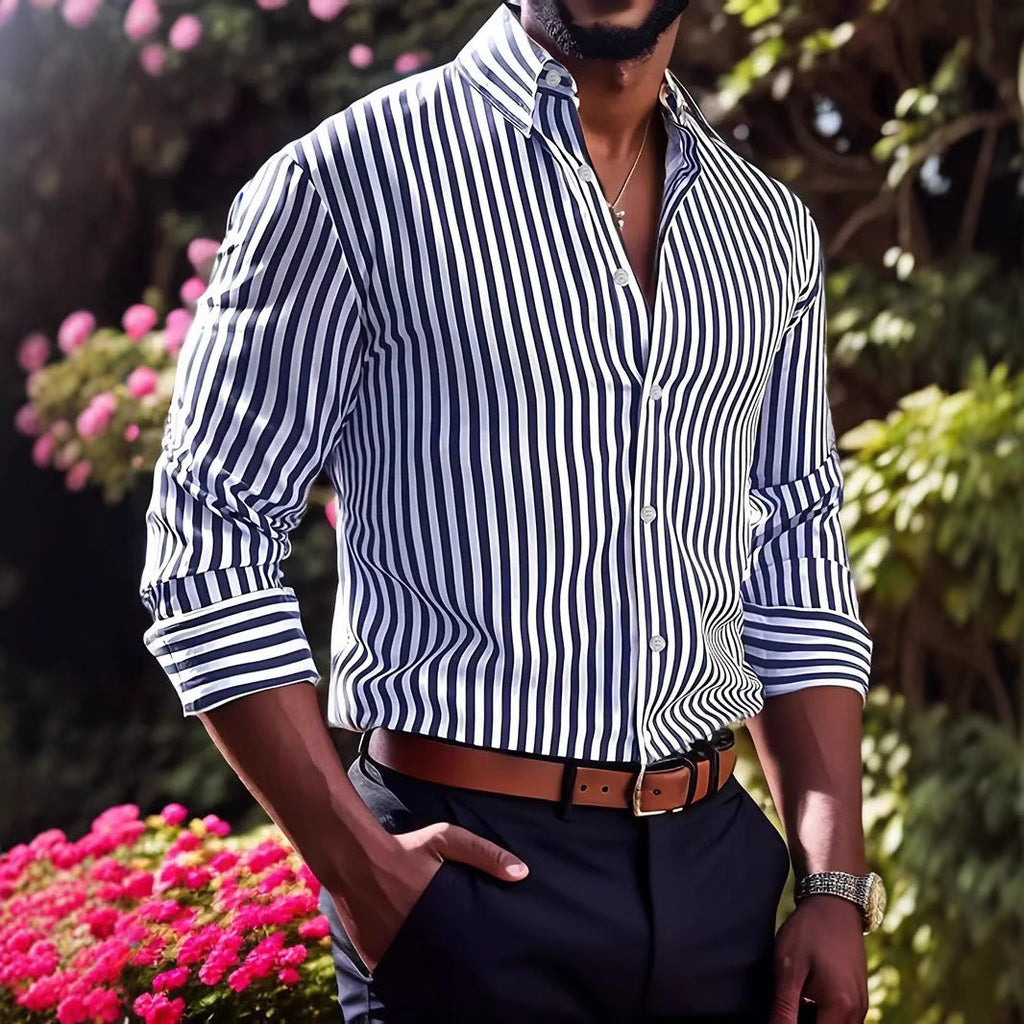 Ins Stripe Printed Long Sleeve Shirt Men Fashion Casual Lapel Button Top Clothing