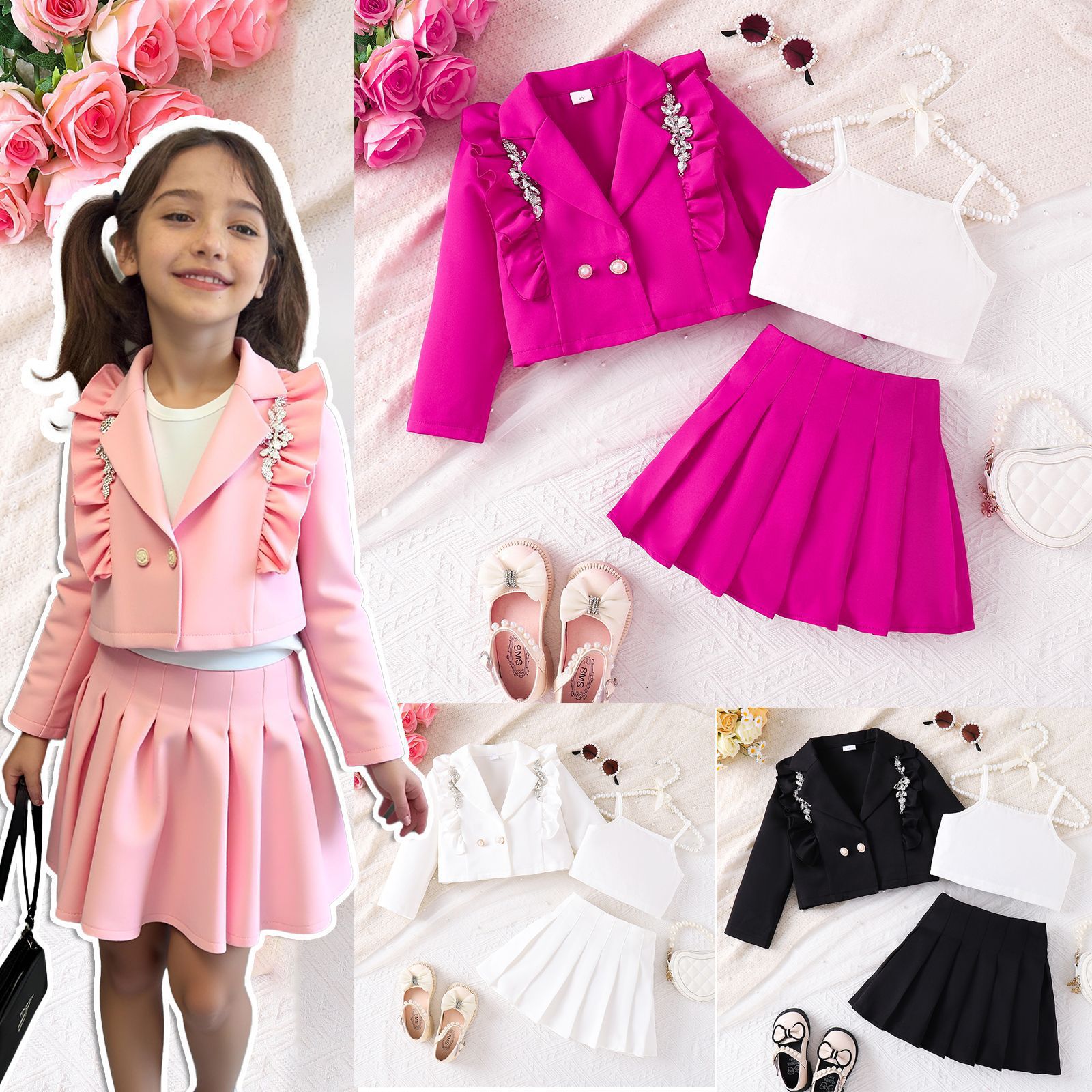 Strappy Tank Top Pleated Skirt Three-piece Set