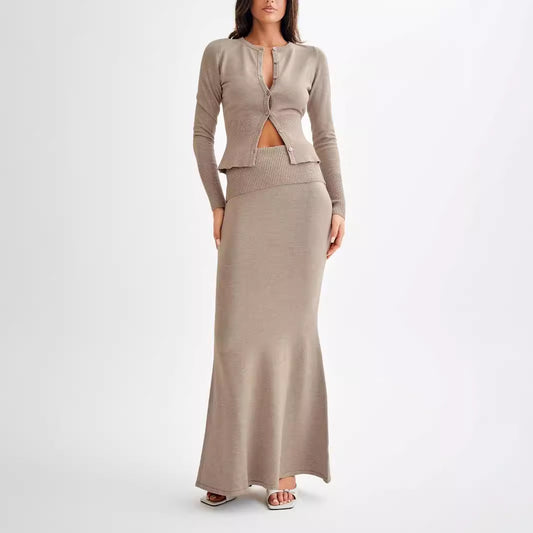 Knitted Sweater Turn Waist Mid-length Dress Set