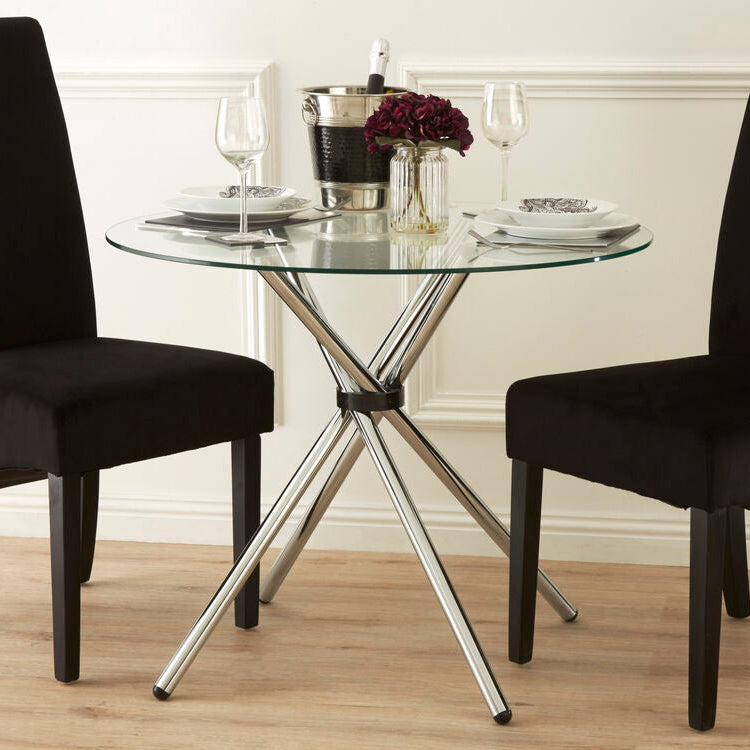 Clear Glass Top Round Dining Table with Silver Finish Metal Cross Base, Afton