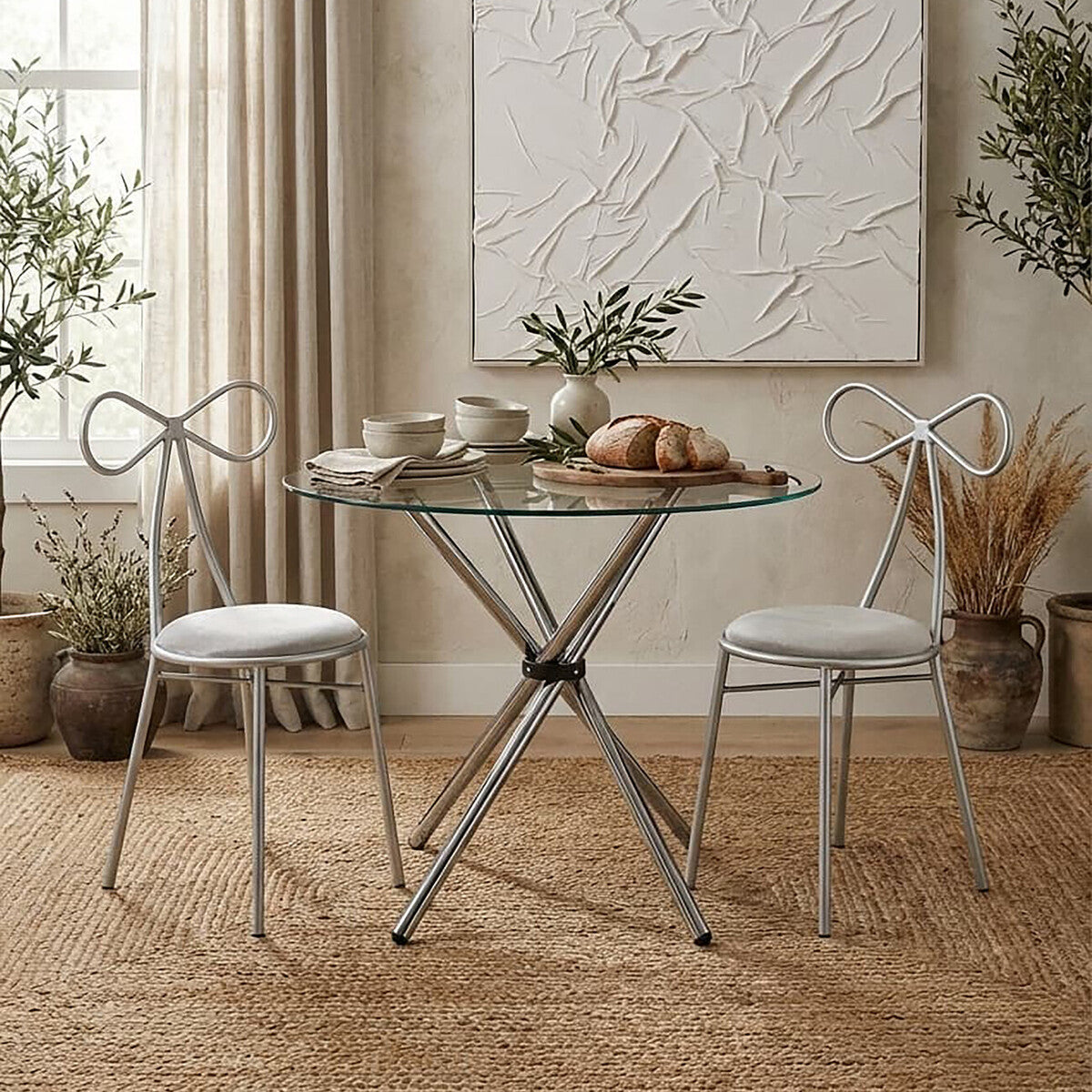 Clear Glass Top Round Dining Table with Silver Finish Metal Cross Base, Afton