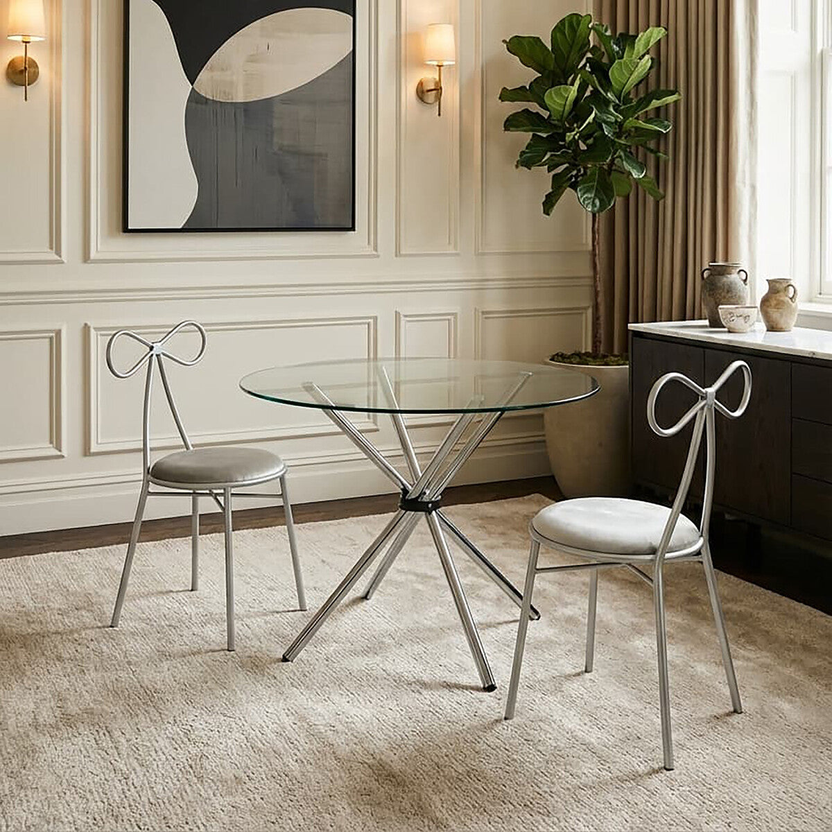 Clear Glass Top Round Dining Table with Silver Finish Metal Cross Base, Afton
