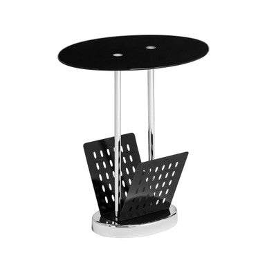 Black Glass Oval Top Side Table with Chrome Metal Base and Lower Magazine Rack, Adam