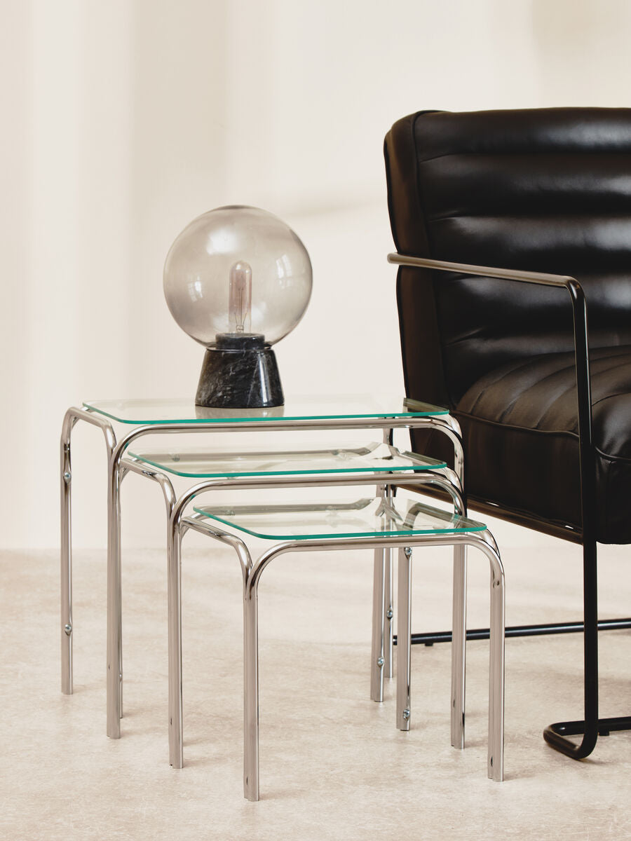 Silver Metal Frame and Clear Glass Top Nest of 3 Tables, Jordan