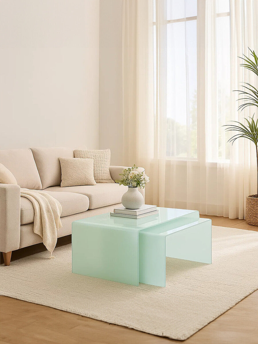 Nest of 2 Aqua Green Curved Glass Coffee Tables, Cascade