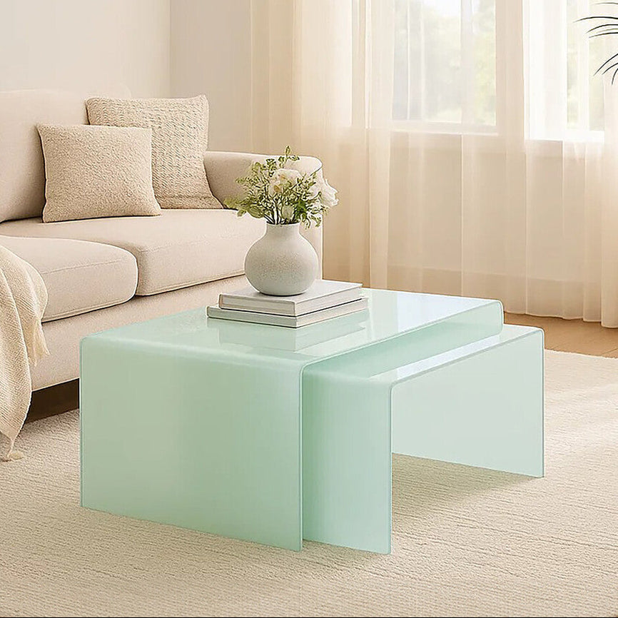 Nest of 2 Aqua Green Curved Glass Coffee Tables, Cascade