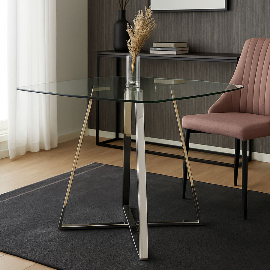 Clear Glass Square Dining Table with Silver Finish Metal Base, Metropolitan
