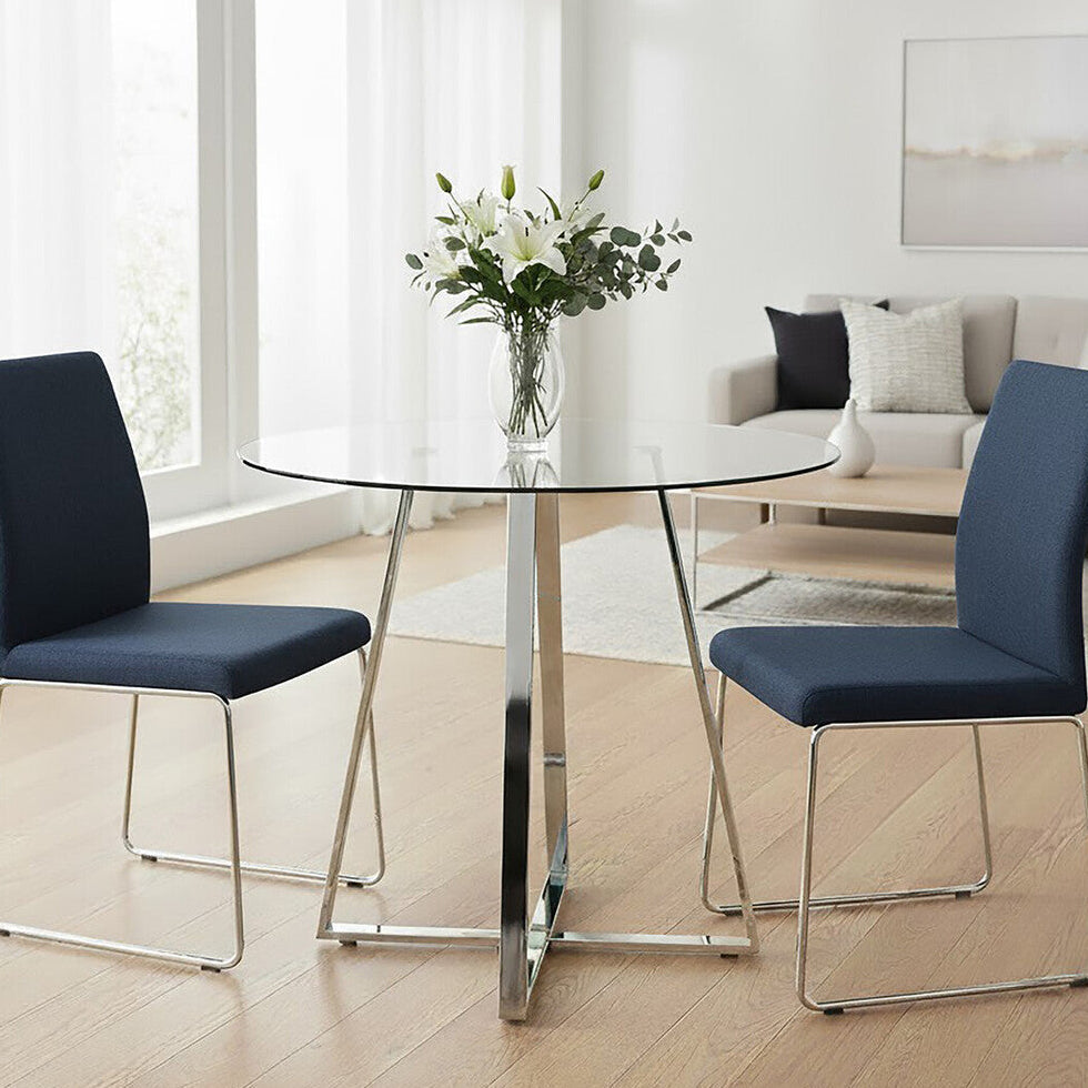 Clear Glass Round Dining Table with Silver Finish Metal Base, Metropolitan