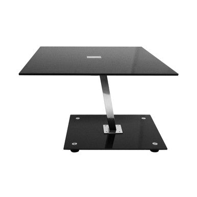 Black Tempered Glass Top End Table with Silver Chrome Angled Support and Black Glass Base