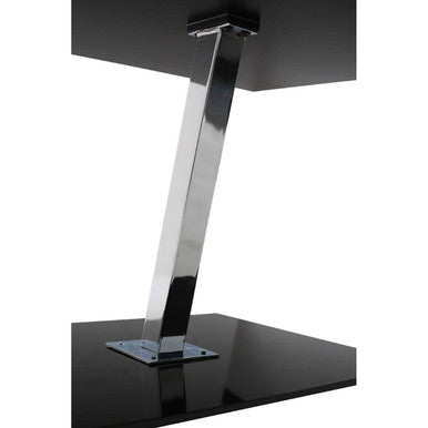 Black Tempered Glass Top End Table with Silver Chrome Angled Support and Black Glass Base