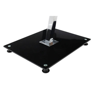 Black Tempered Glass Top End Table with Silver Chrome Angled Support and Black Glass Base