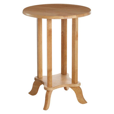 Natural Hevea Wood Round Side Table with Curved Feet and Lower Storage Shelf, Heva