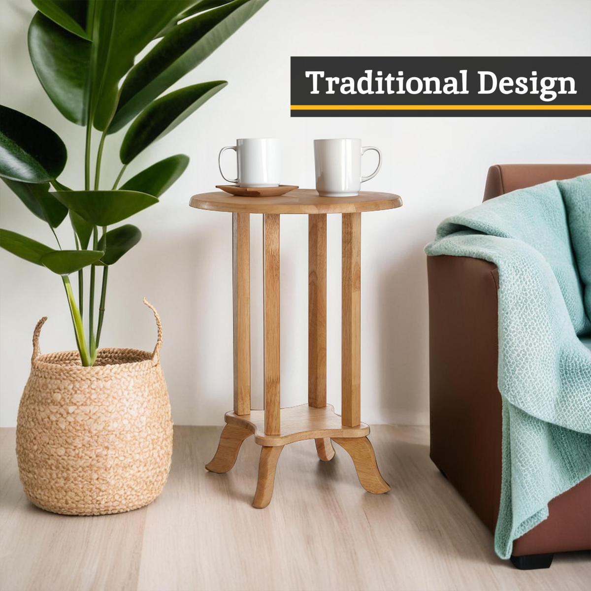 Natural Hevea Wood Round Side Table with Curved Feet and Lower Storage Shelf, Heva