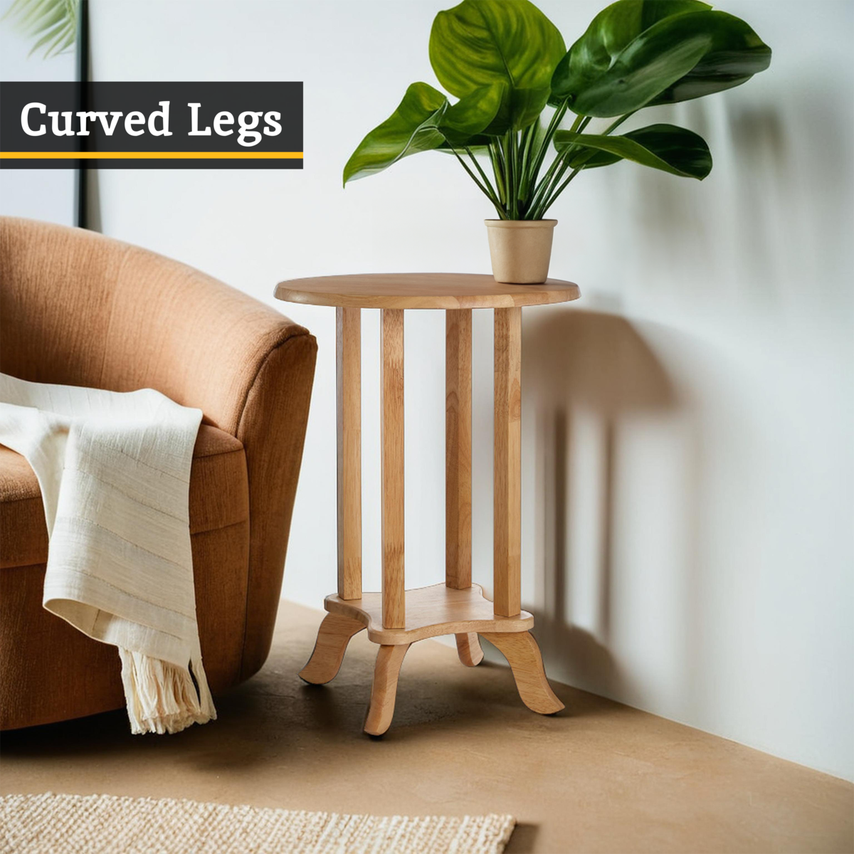Natural Hevea Wood Round Side Table with Curved Feet and Lower Storage Shelf, Heva