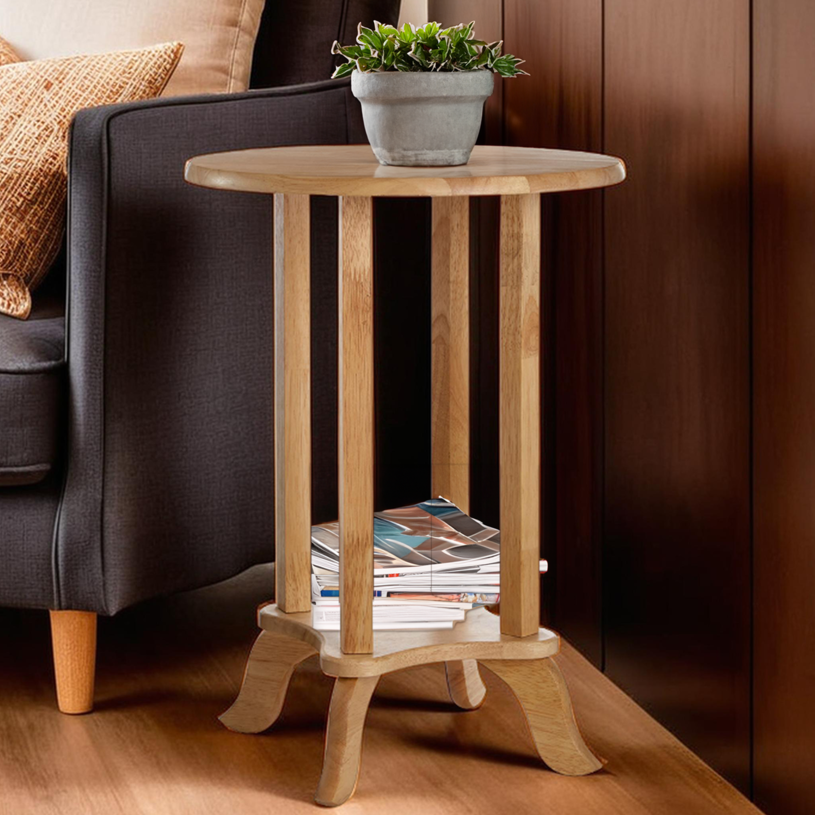 Natural Hevea Wood Round Side Table with Curved Feet and Lower Storage Shelf, Heva