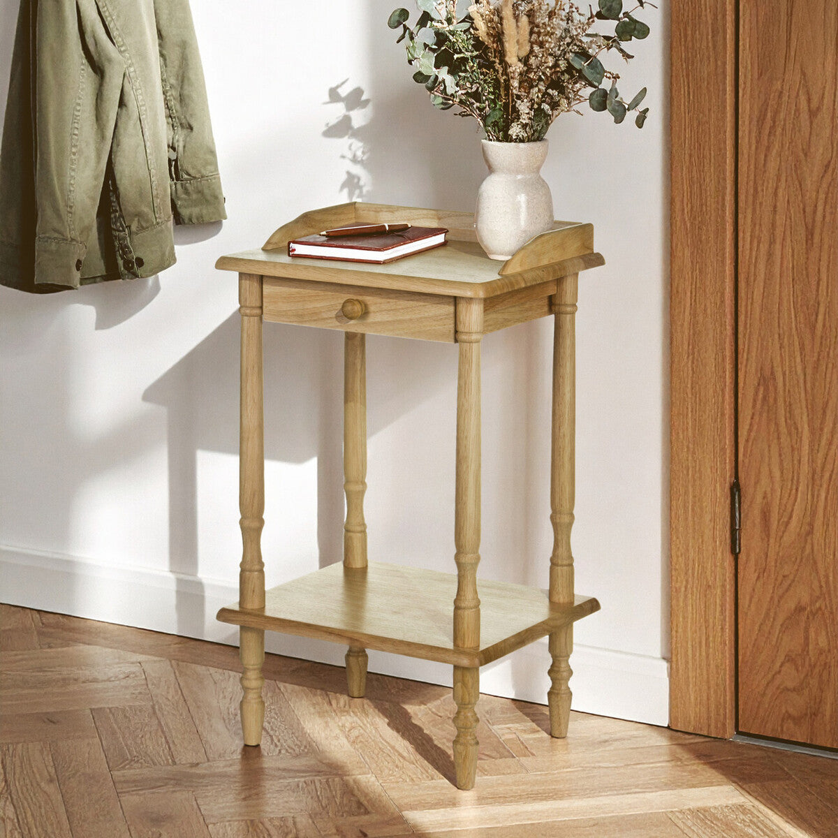 Natural Light Hevea Wood Side Table with Storage Drawer and Open Shelf, Heva