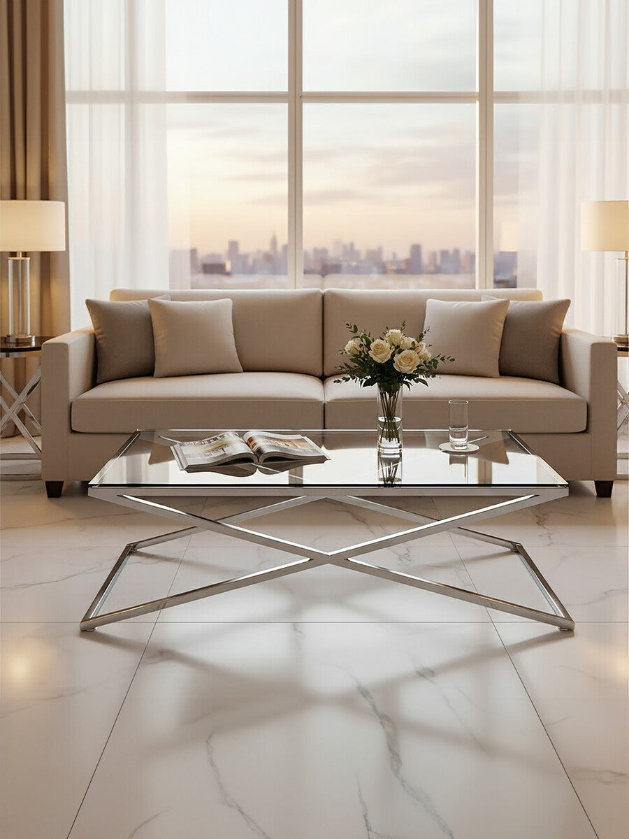 Clear Glass Top Coffee Table with Glistening Silver Stainless Steel Cross Base, Montril