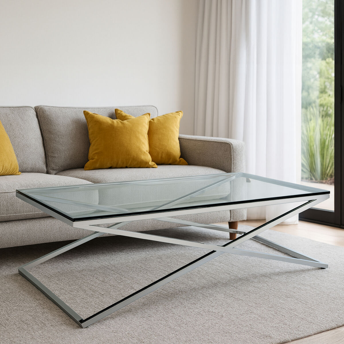 Clear Glass Top Coffee Table with Glistening Silver Stainless Steel Cross Base, Montril