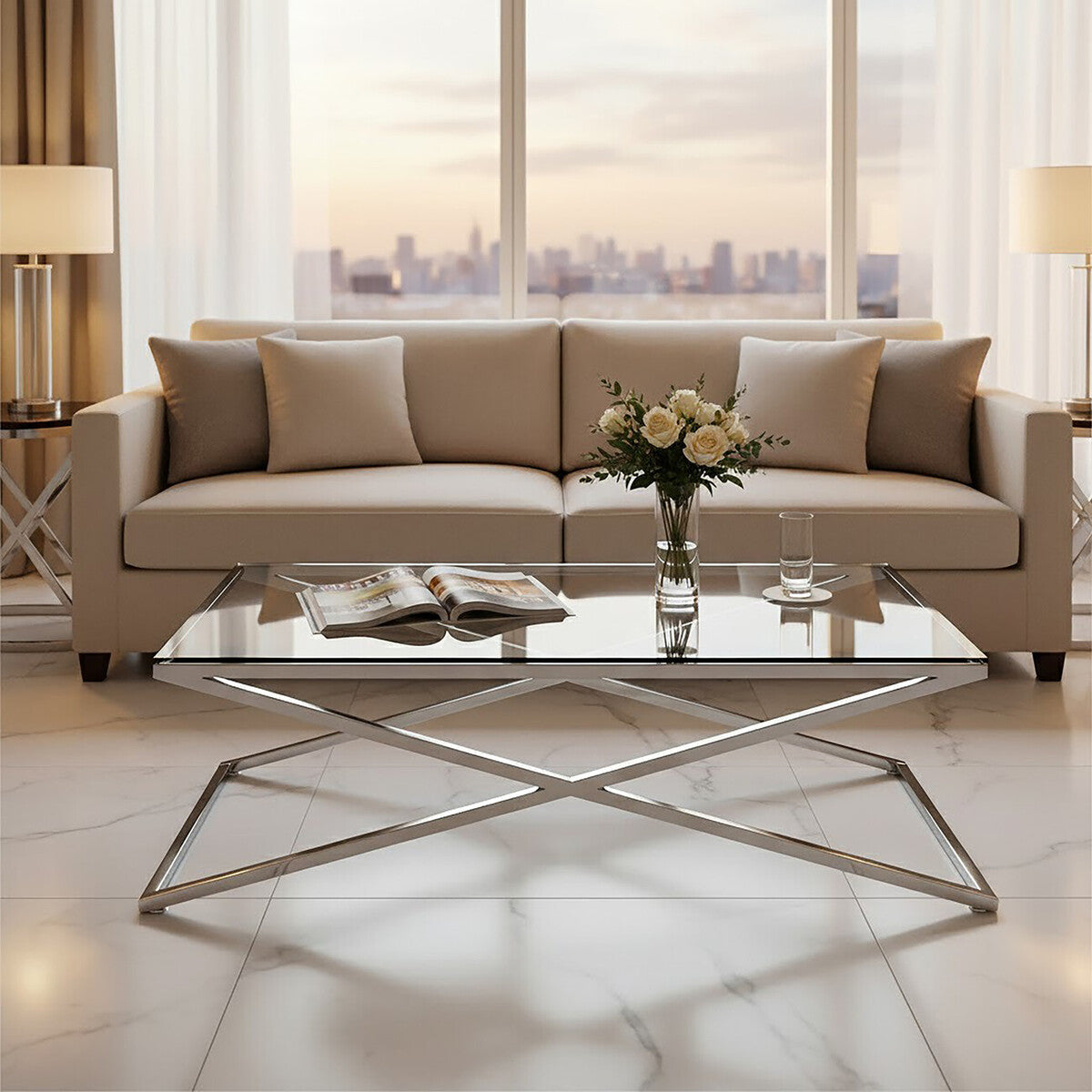 Clear Glass Top Coffee Table with Glistening Silver Stainless Steel Cross Base, Montril