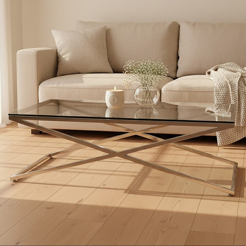 Clear Glass Top Coffee Table with Glistening Silver Stainless Steel Cross Base, Montril
