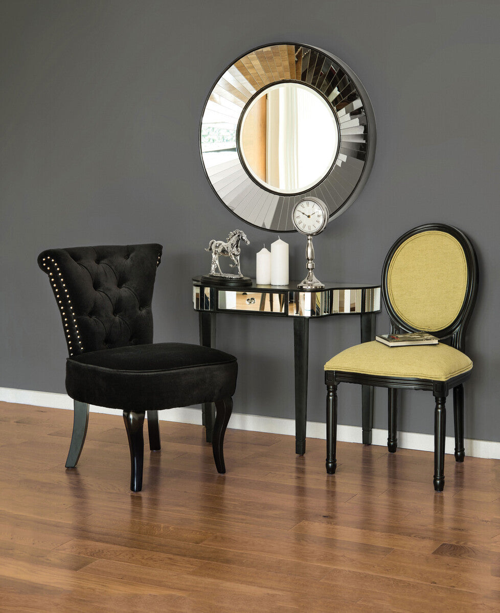 Black Mirrored Panel Top Console Table with 1 Drawer and Cunninghamia Wood Legs, Clavier