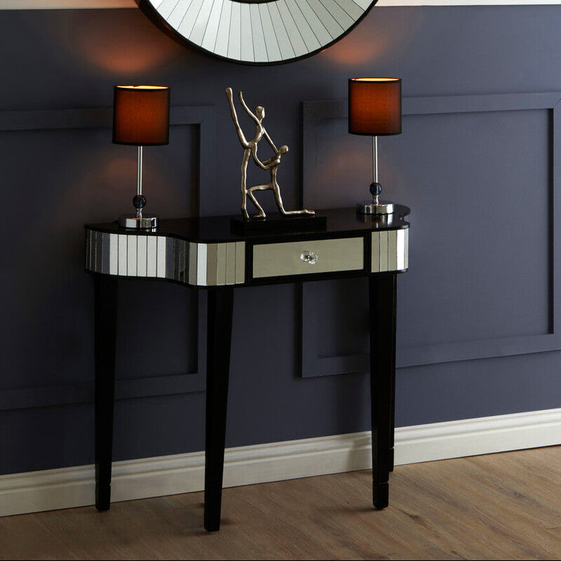 Black Mirrored Panel Top Console Table with 1 Drawer and Cunninghamia Wood Legs, Clavier