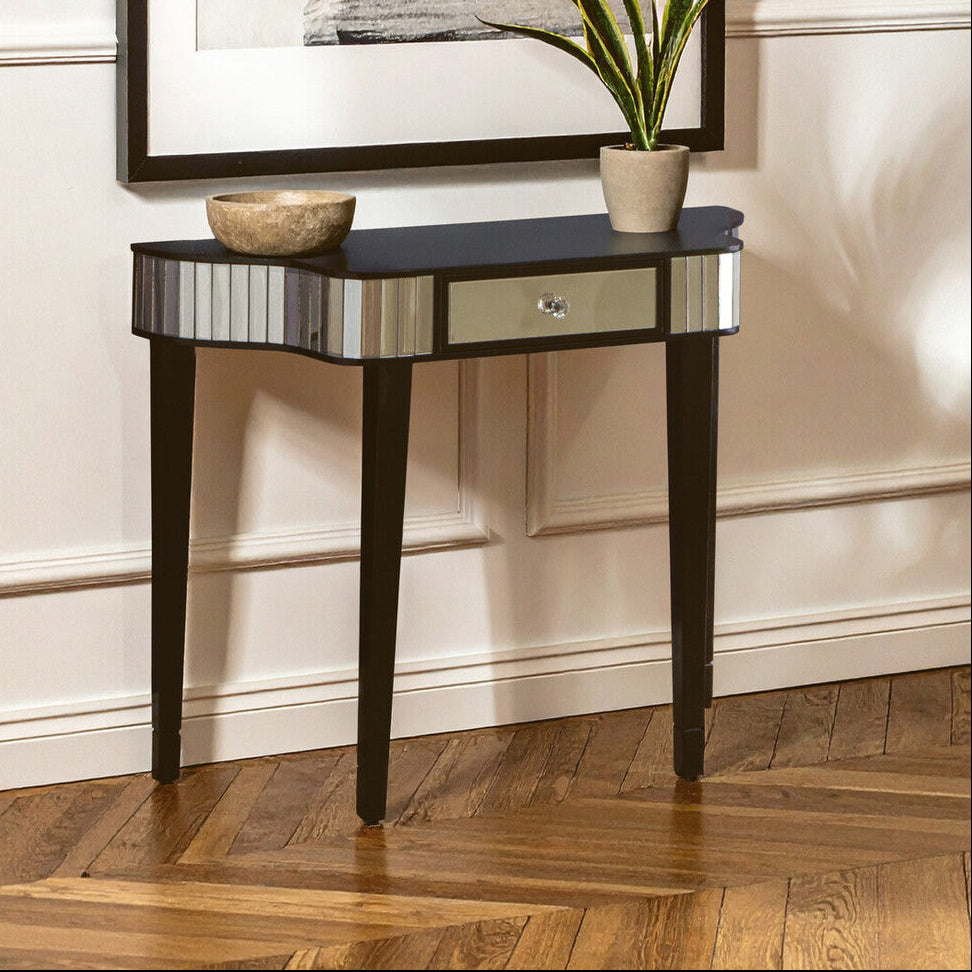 Black Mirrored Panel Top Console Table with 1 Drawer and Cunninghamia Wood Legs, Clavier