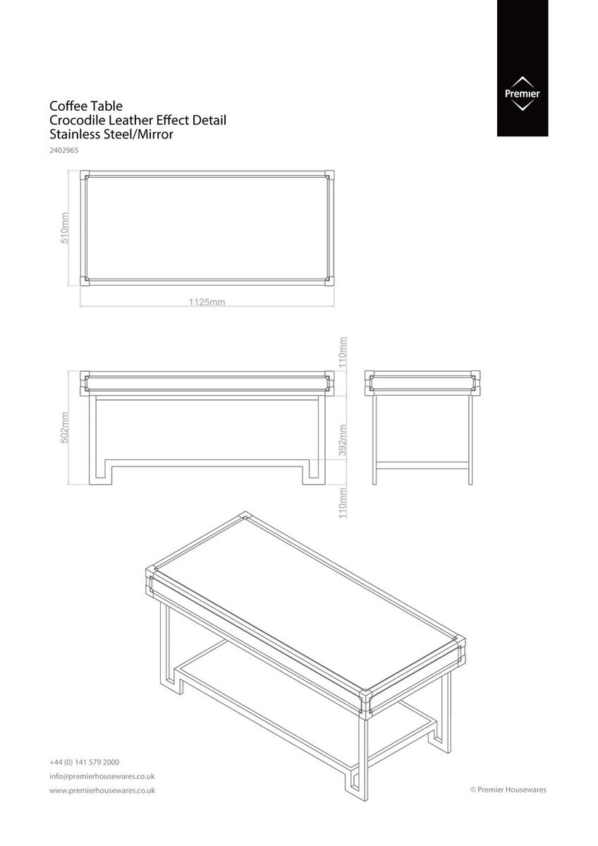 Black and Silver Two-Tier Coffee Table with Leather Effect Top and Stainless Steel Frame | Carla