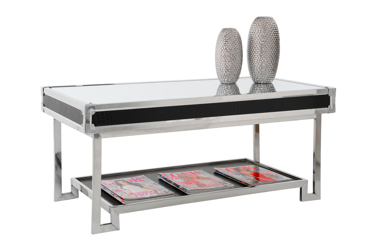 Black and Silver Two-Tier Coffee Table with Leather Effect Top and Stainless Steel Frame | Carla