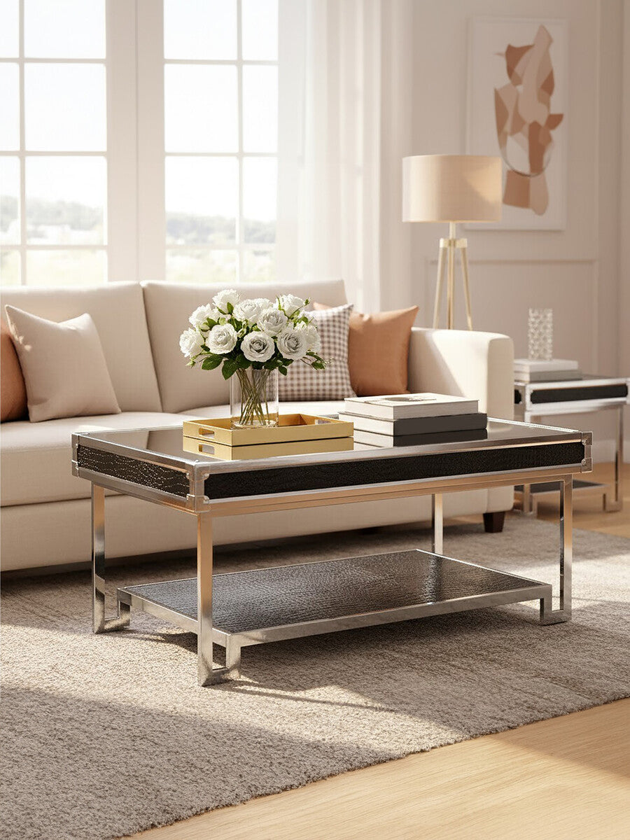Black and Silver Two-Tier Coffee Table with Leather Effect Top and Stainless Steel Frame, Carla