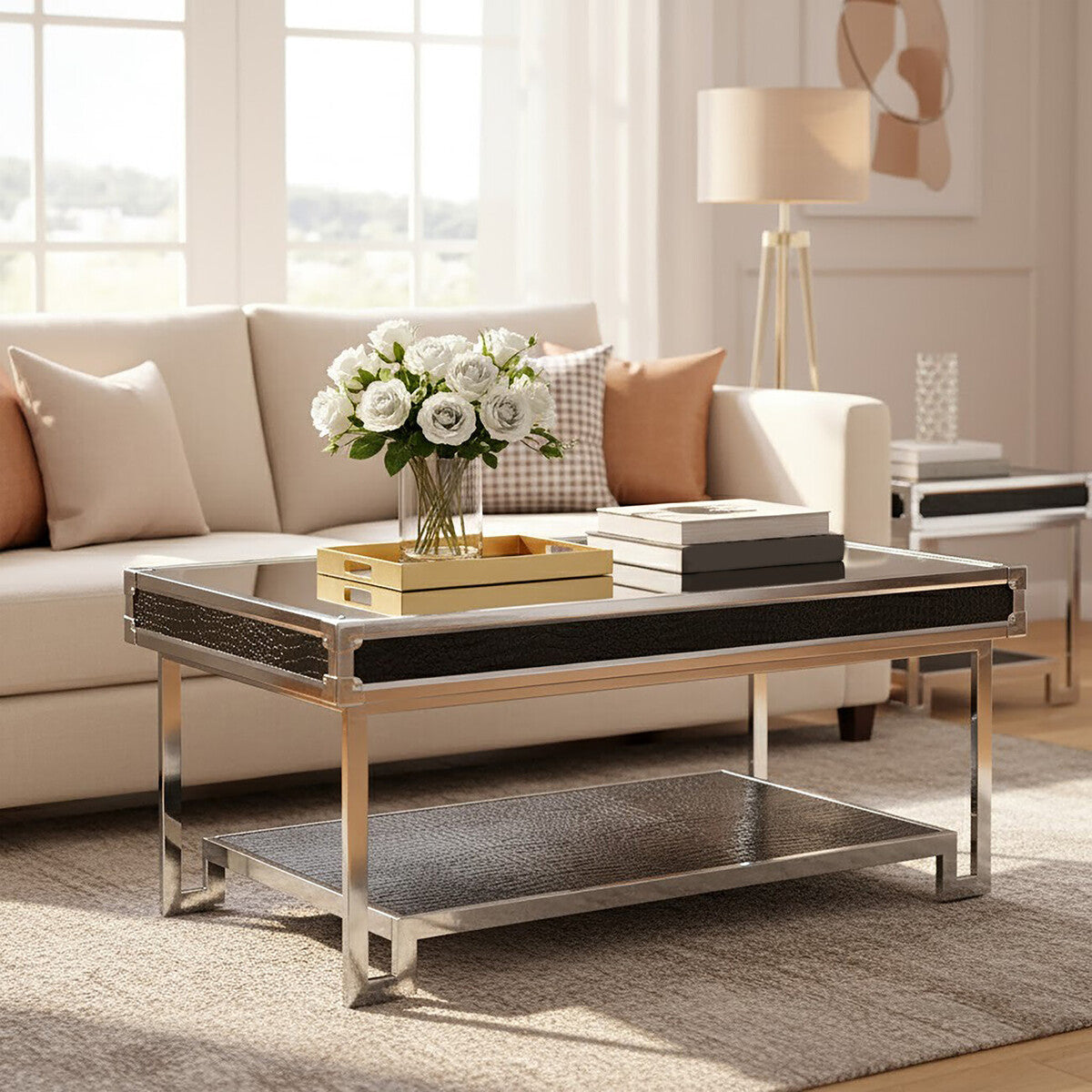 Black and Silver Two-Tier Coffee Table with Leather Effect Top and Stainless Steel Frame | Carla