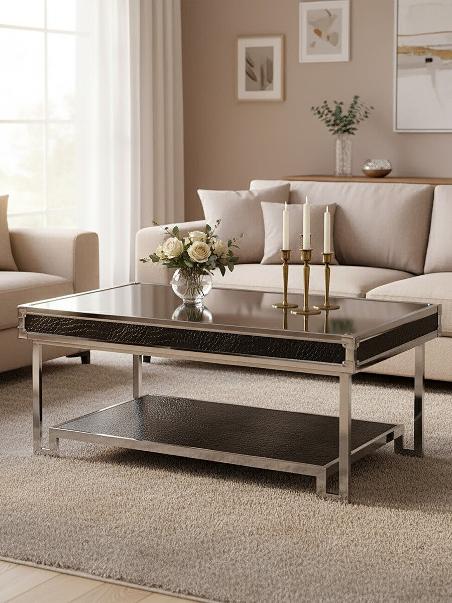 Black and Silver Two-Tier Coffee Table with Leather Effect Top and Stainless Steel Frame | Carla